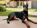 Czarny doberman leży na podjeździe. To wspaniały pies obronny i rodzinny, gotowy do ochrony domu i bliskich.