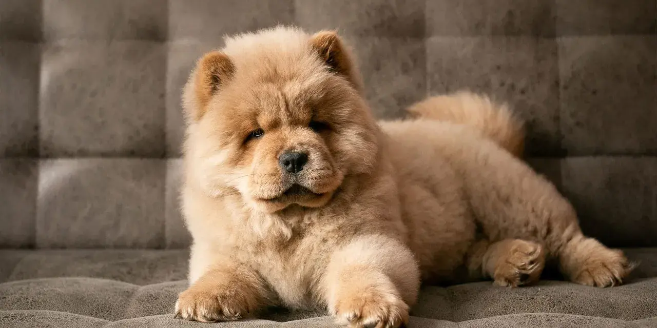 Urocza chow chow miniaturka leży na kanapie, wyglądając jak pluszowa zabawka.