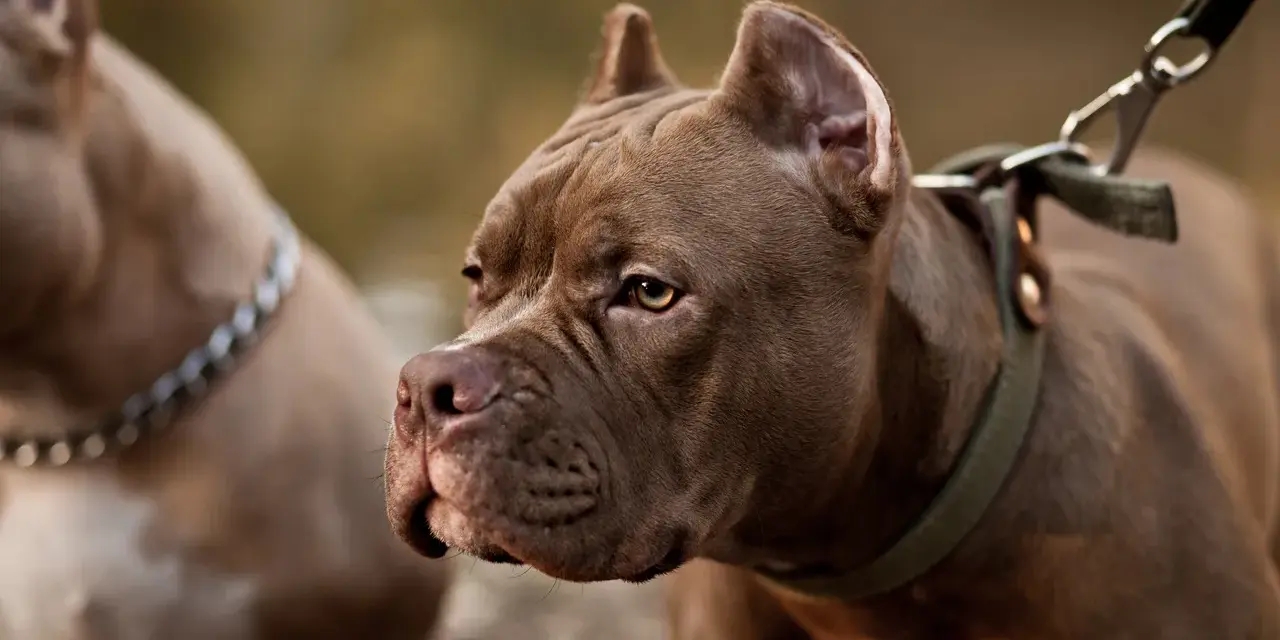 Brązowy pitbull miniaturka z zieloną obrożą i smyczą, obok drugi pies.