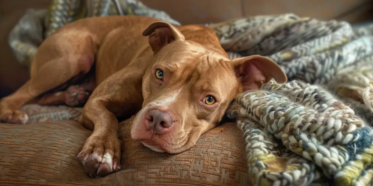 Słodki pitbull odpoczywa na kanapie, otulony kocem. Czy pitbull jest groźny? Ten piesek wygląda na łagodnego.