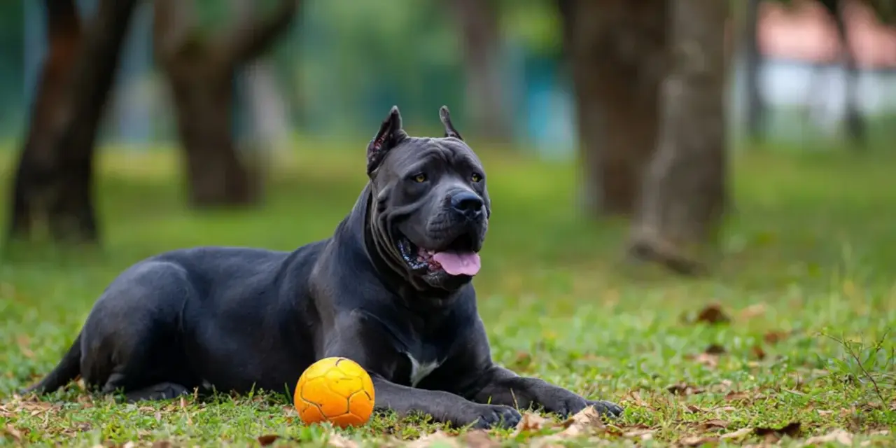 Potężny pies rasy Cane Corso, o imponującym wzroście, leży na trawie obok pomarańczowej piłki.