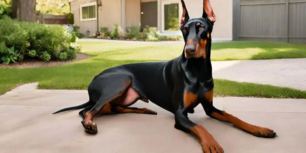 Czarny doberman leży na podjeździe. To wspaniały pies obronny i rodzinny, gotowy do ochrony domu i bliskich.