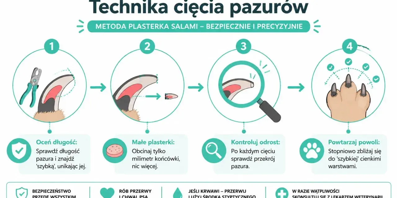 Ilustracja pokazuje, jak obciąć psu pazury metodą "plasterka salami". Krok po kroku: oceń długość, obcinaj małe fragmenty, kontroluj odrost i powtarzaj.