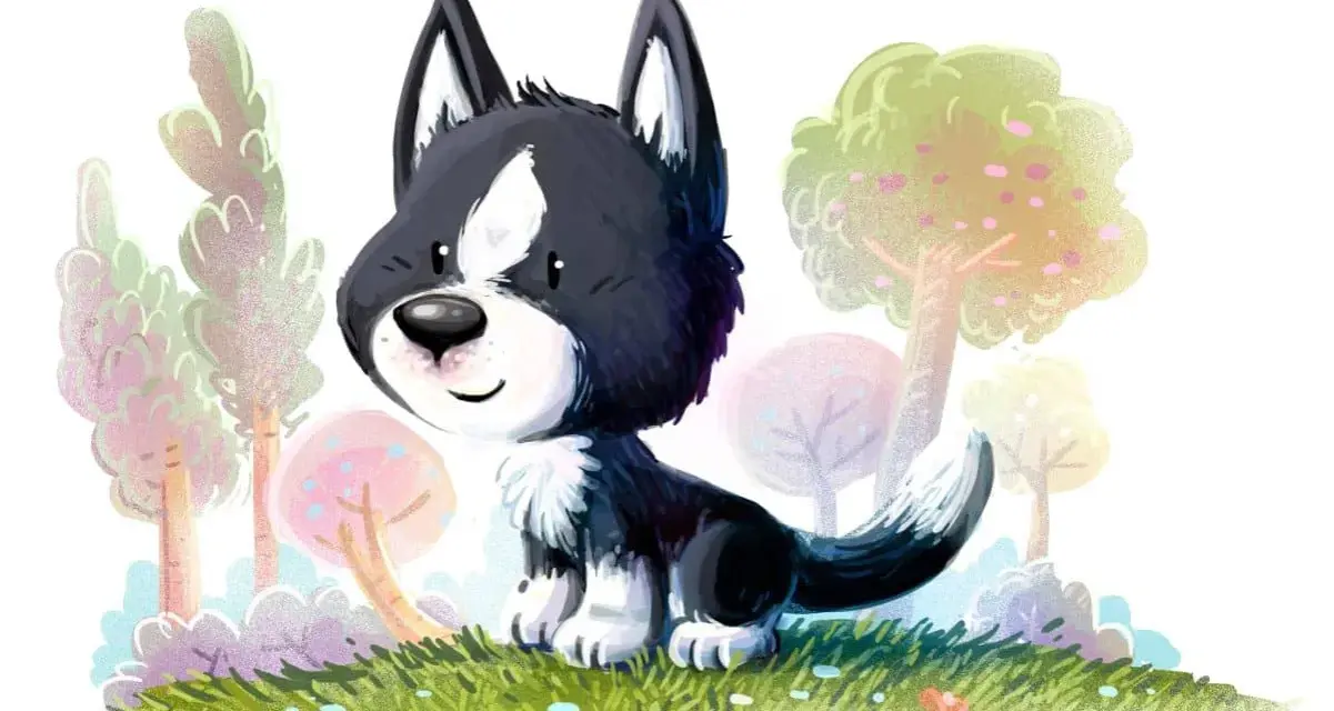 Uroczy szczeniak rasy border collie siedzi na trawie wśród kolorowych drzew. Wesołego 26 sierpnia dnia psa!