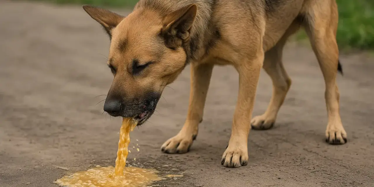 Pies wymiotuje żółtą cieczą. Widać, że pies cierpi, a jego krew w wymiotach jest niepokojąca.