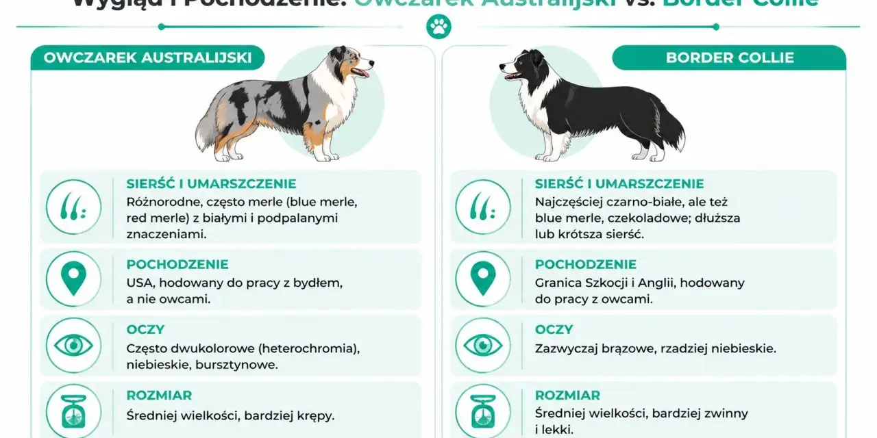 Australijski pies o umaszczeniu merle, z USA, często ma dwukolorowe oczy. Border Collie czarno-biały, z pogranicza Szkocji i Anglii.