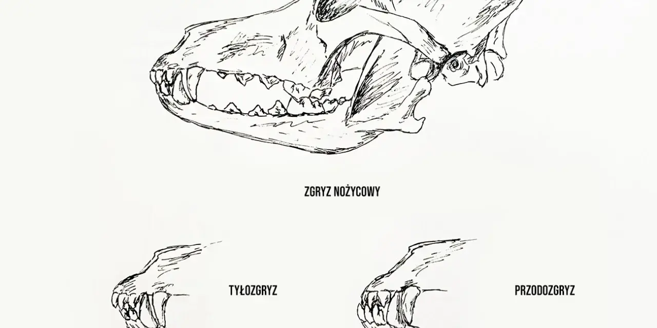 Ilustracja czaszki psa z zaznaczonym zgryzem nożycowym, tyłozgryzem i przodozgryzem.