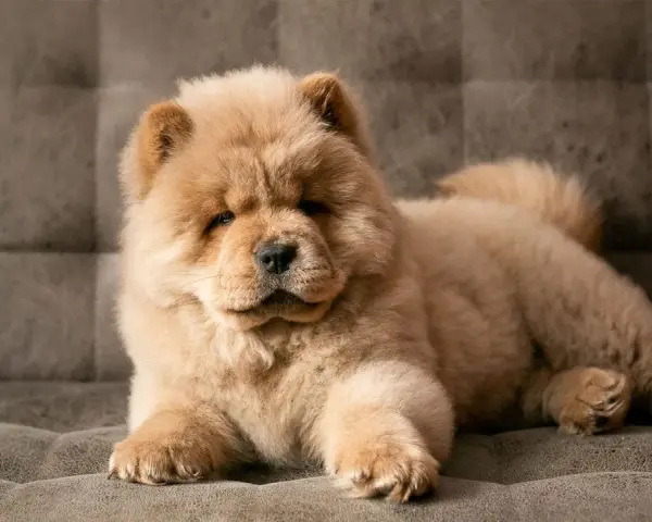 Urocza chow chow miniaturka leży na kanapie, wyglądając jak pluszowa zabawka.