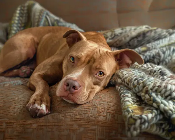 Słodki pitbull odpoczywa na kanapie, otulony kocem. Czy pitbull jest groźny? Ten piesek wygląda na łagodnego.