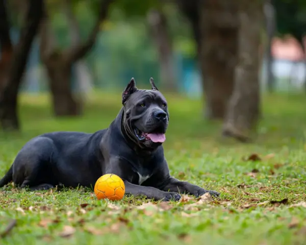 Potężny pies rasy Cane Corso, o imponującym wzroście, leży na trawie obok pomarańczowej piłki.