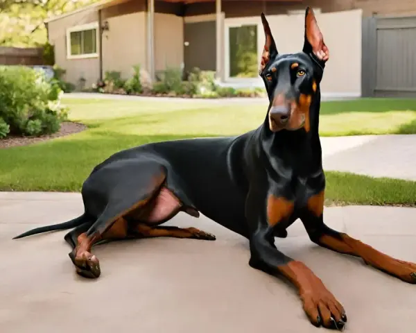 Czarny doberman leży na podjeździe. To wspaniały pies obronny i rodzinny, gotowy do ochrony domu i bliskich.