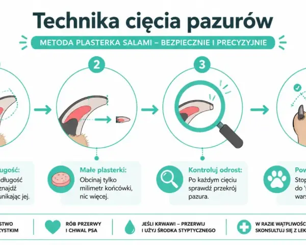 Ilustracja pokazuje, jak obciąć psu pazury metodą "plasterka salami". Krok po kroku: oceń długość, obcinaj małe fragmenty, kontroluj odrost i powtarzaj.