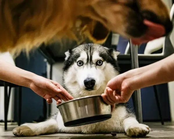 Husky z niebieskimi oczami czeka na jedzenie. Dwie ręce trzymają miskę, a nad nią widać pysk innego psa. Może to smecta dla psa?
