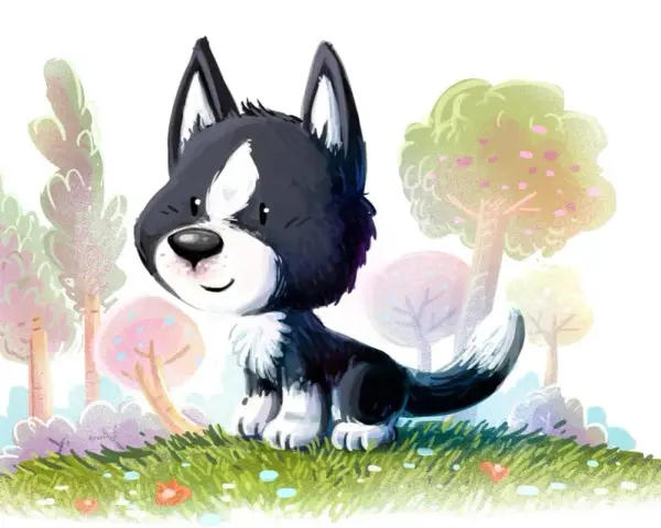 Uroczy szczeniak rasy border collie siedzi na trawie wśród kolorowych drzew. Wesołego 26 sierpnia dnia psa!