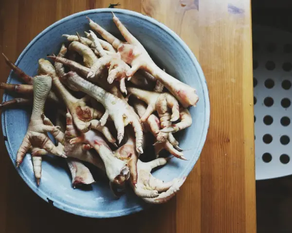 Miseczka pełna kurzych łapek, gotowych do przygotowania dla psa. Naturalny przysmak dla czworonoga.