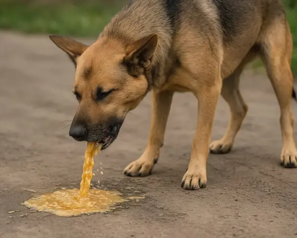 Pies wymiotuje żółtą cieczą. Widać, że pies cierpi, a jego krew w wymiotach jest niepokojąca.