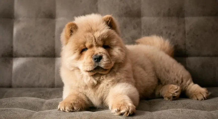Urocza chow chow miniaturka leży na kanapie, wyglądając jak pluszowa zabawka.
