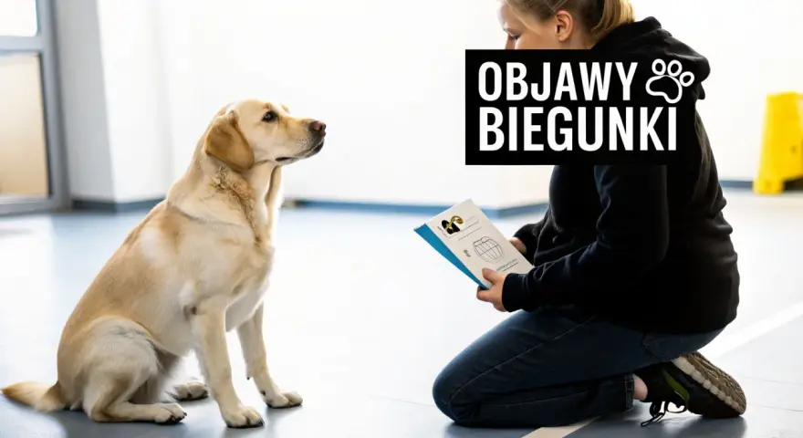 Labrador siedzi, patrząc na kobietę klęczącą z ulotką o objawach biegunki u psa.