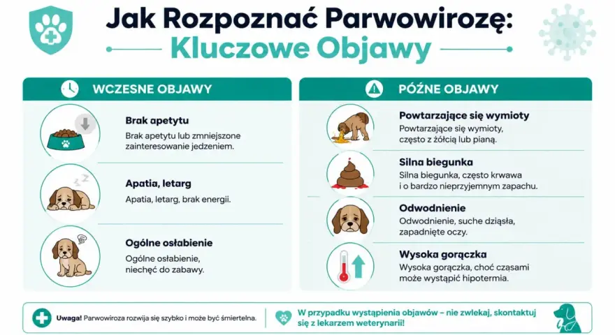 Ilustracja przedstawia objawy parwowirozy u psa: brak apetytu, apatia, wymioty, biegunka, odwodnienie i gorączka.