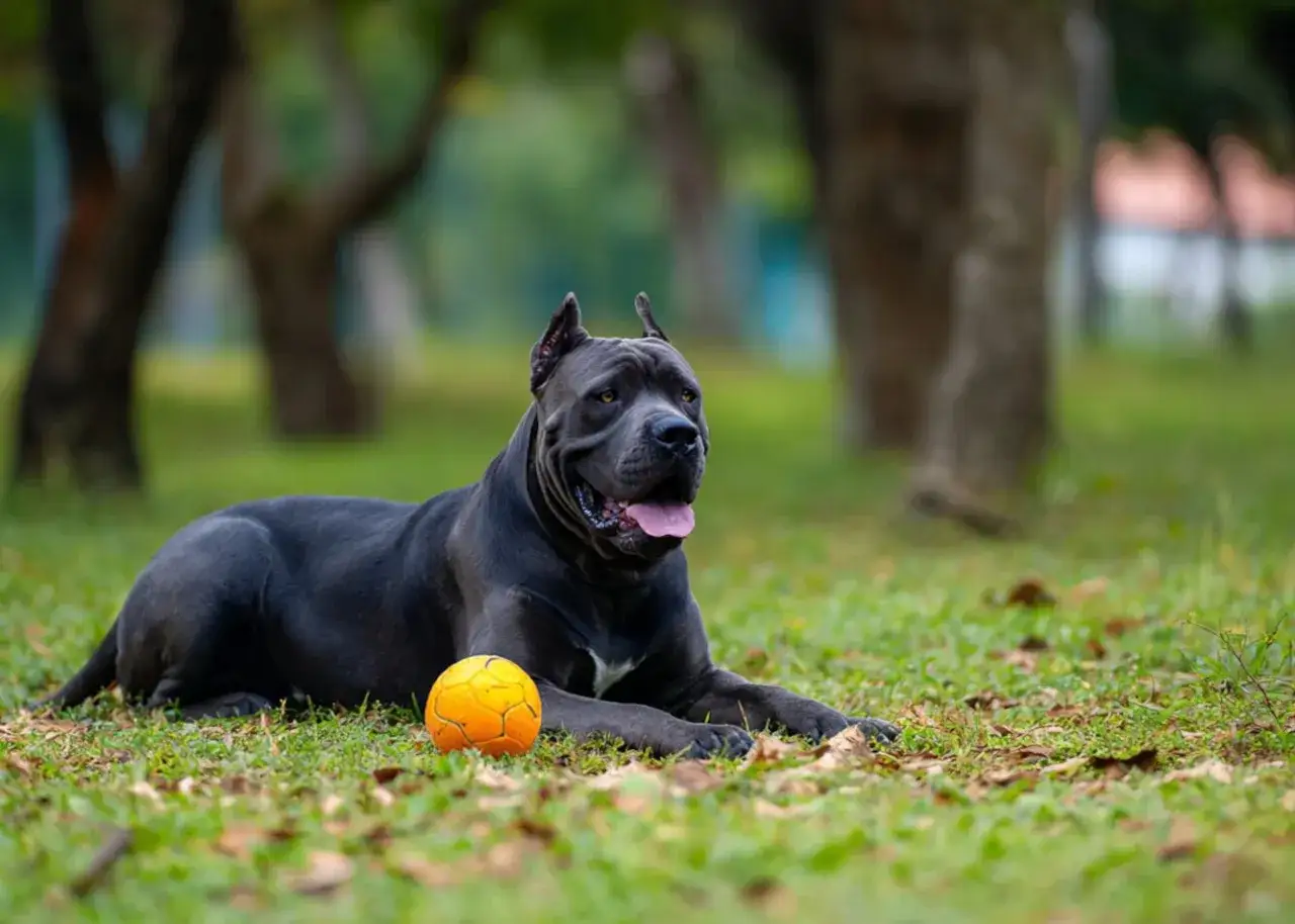 Potężny pies rasy Cane Corso, z imponującym wzrostem, leży na trawie obok pomarańczowej piłki, gotowy do zabawy.