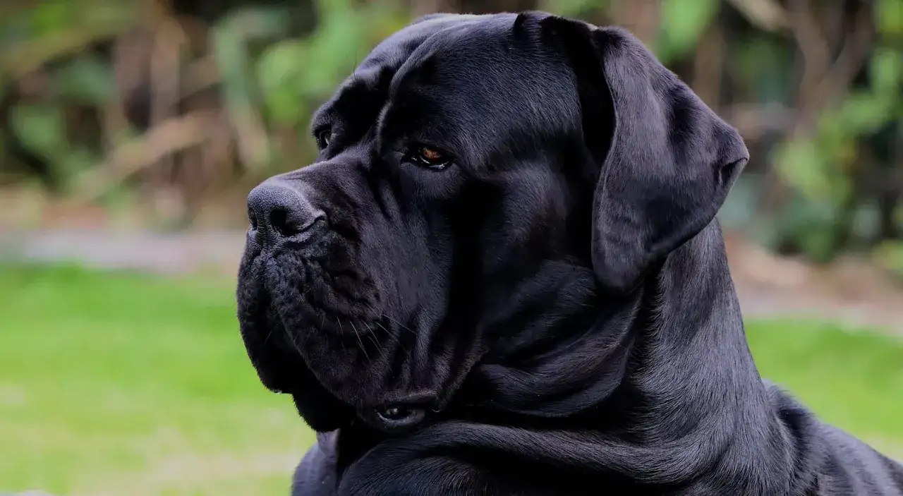 Czarny pies rasy Cane Corso, idealny jako psy obronne i rodzinne, patrzy w bok z uwagą.