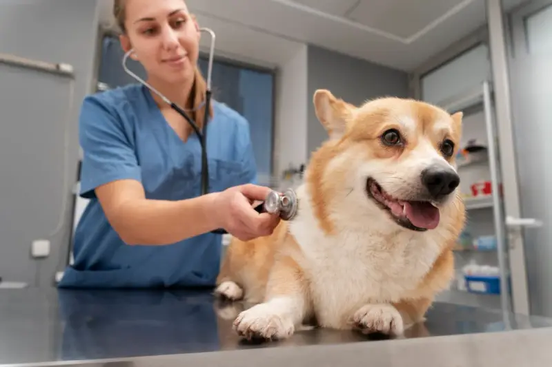 Weterynarz osłuchuje corgi. Czy do weterynarza trzeba się umawiać? Zazwyczaj tak, aby zapewnić pupilowi najlepszą opiekę.